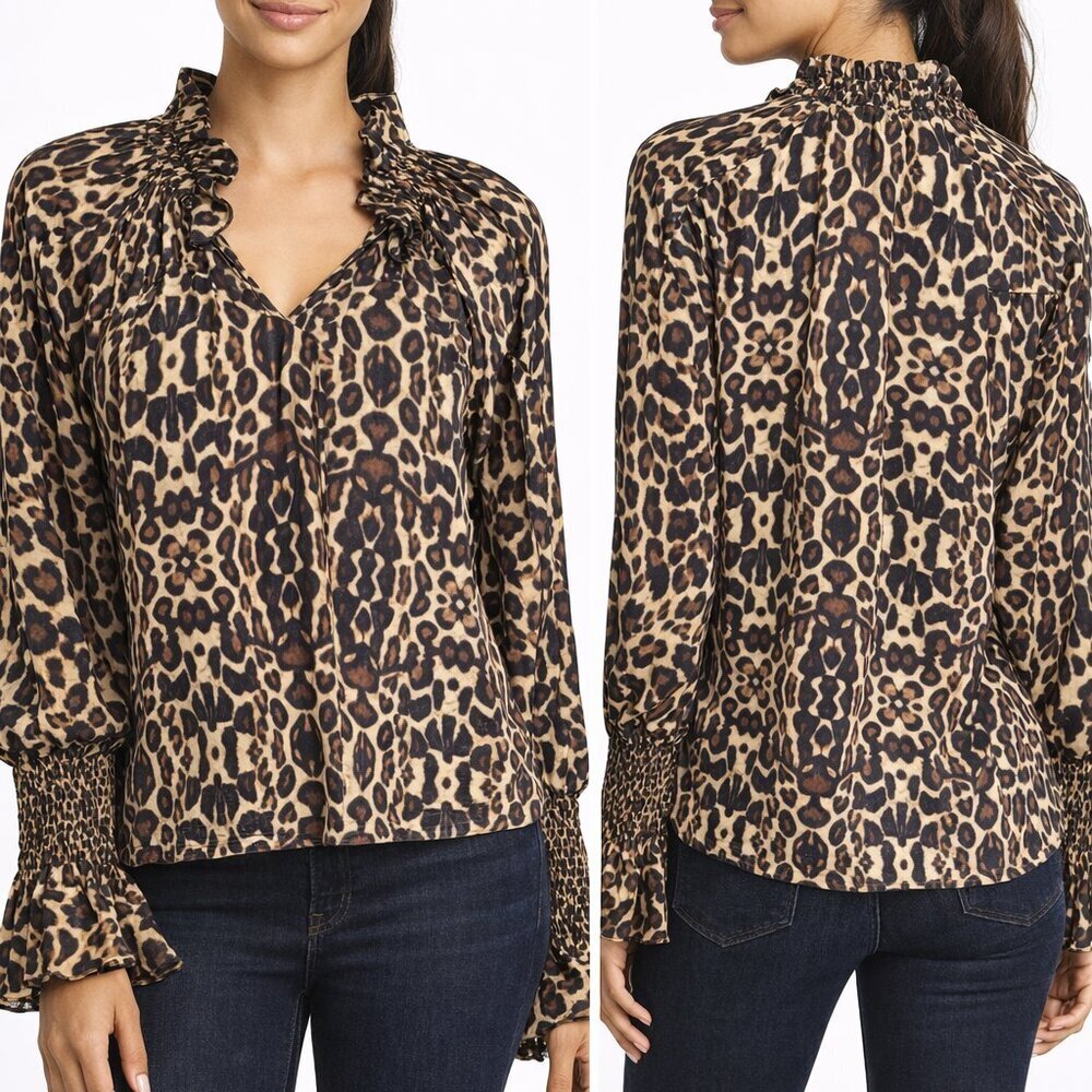 Figue Halima Silk Smocked Blouse Cheetah Print Tassel Top Brown Black Size XL